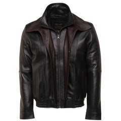 Front view of the Byrnes brown and black aviator leather jacket, highlighting the sleek vertical stitching with one open zip closure.