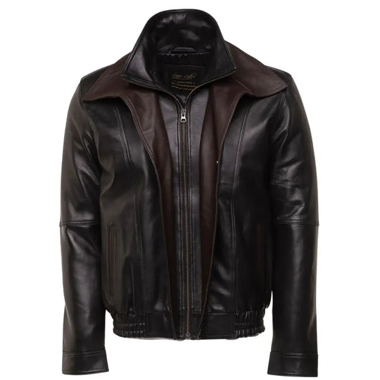 Front view of the Byrnes brown and black aviator leather jacket, highlighting the sleek vertical stitching with one open zip closure.