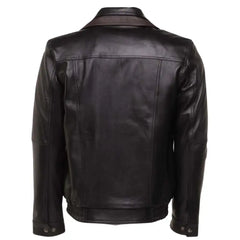 Rear view of the Byrnes two-tone leather flight jacket showing the smooth back panel and structured shoulder design.