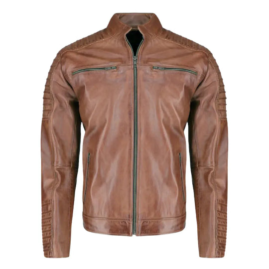 Cafe Racer Distressed Jacket with Piping front view distressed leather cafe racer jacket with contrast piping