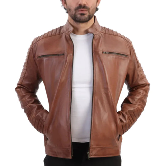 Model wearing Cafe Racer Distressed Jacket with Piping vintage biker jacket outfit