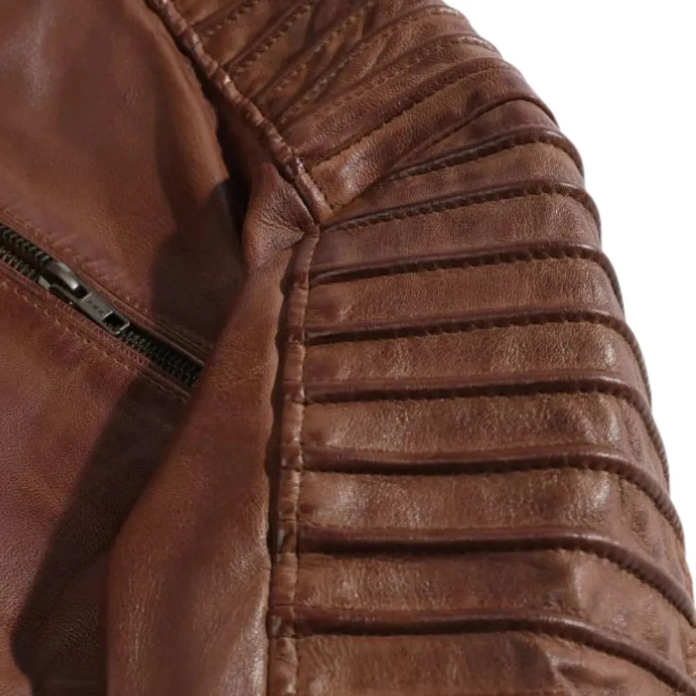 Cafe Racer Distressed Jacket with Piping close up contrast piping detail on leather jacket