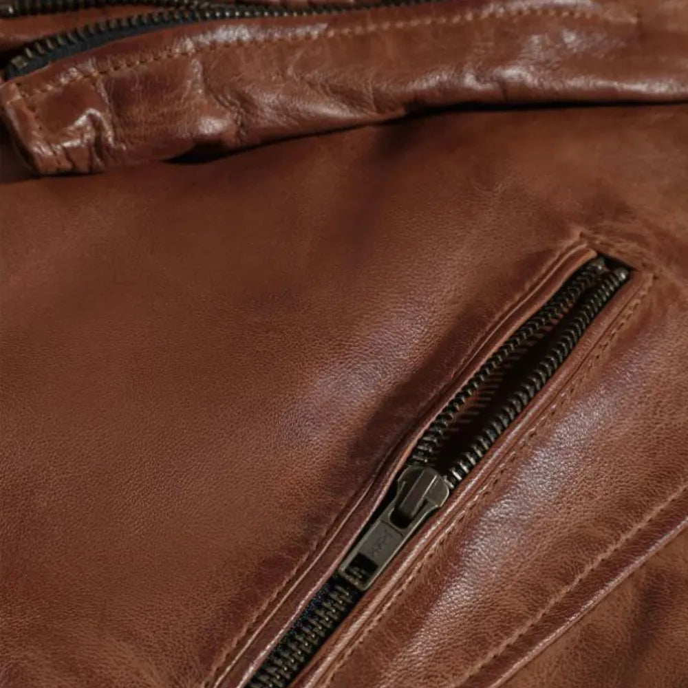 Cafe Racer Distressed Jacket with Piping metal zipper closure detail