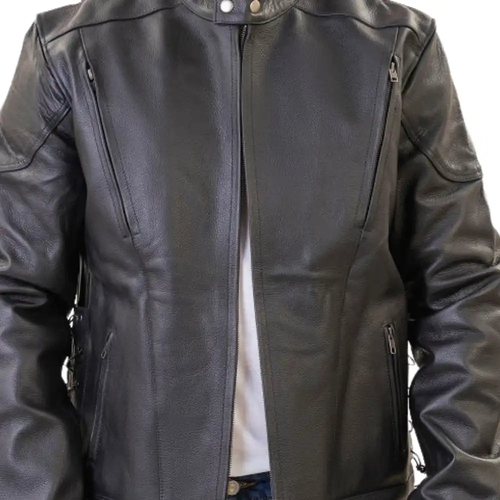 Detailed closeup shot of the oxidized black hardware and the precision-engineered zippers that blend seamlessly into the jacket's dark aesthetic.