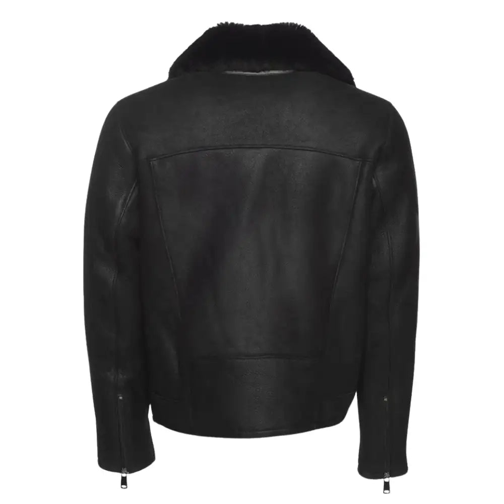 Back view of Carter's distressed leather biker bomber jacket showcasing its vintage, worn-in look and bomber style.