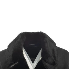 Closeup of collar on Carters Black Leather Biker Shearling Jacket