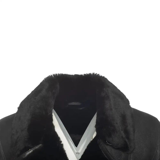 Closeup of collar on Carters Black Leather Biker Shearling Jacket