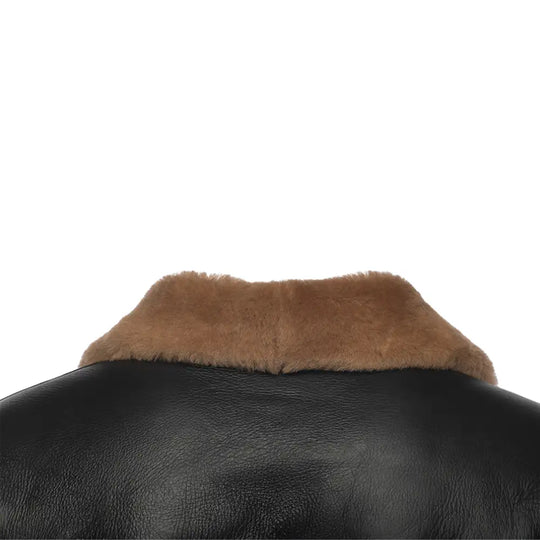 Close-up of the cream shearling back collar detail on the Carters biker shearling jacket, highlighting its warmth and texture.