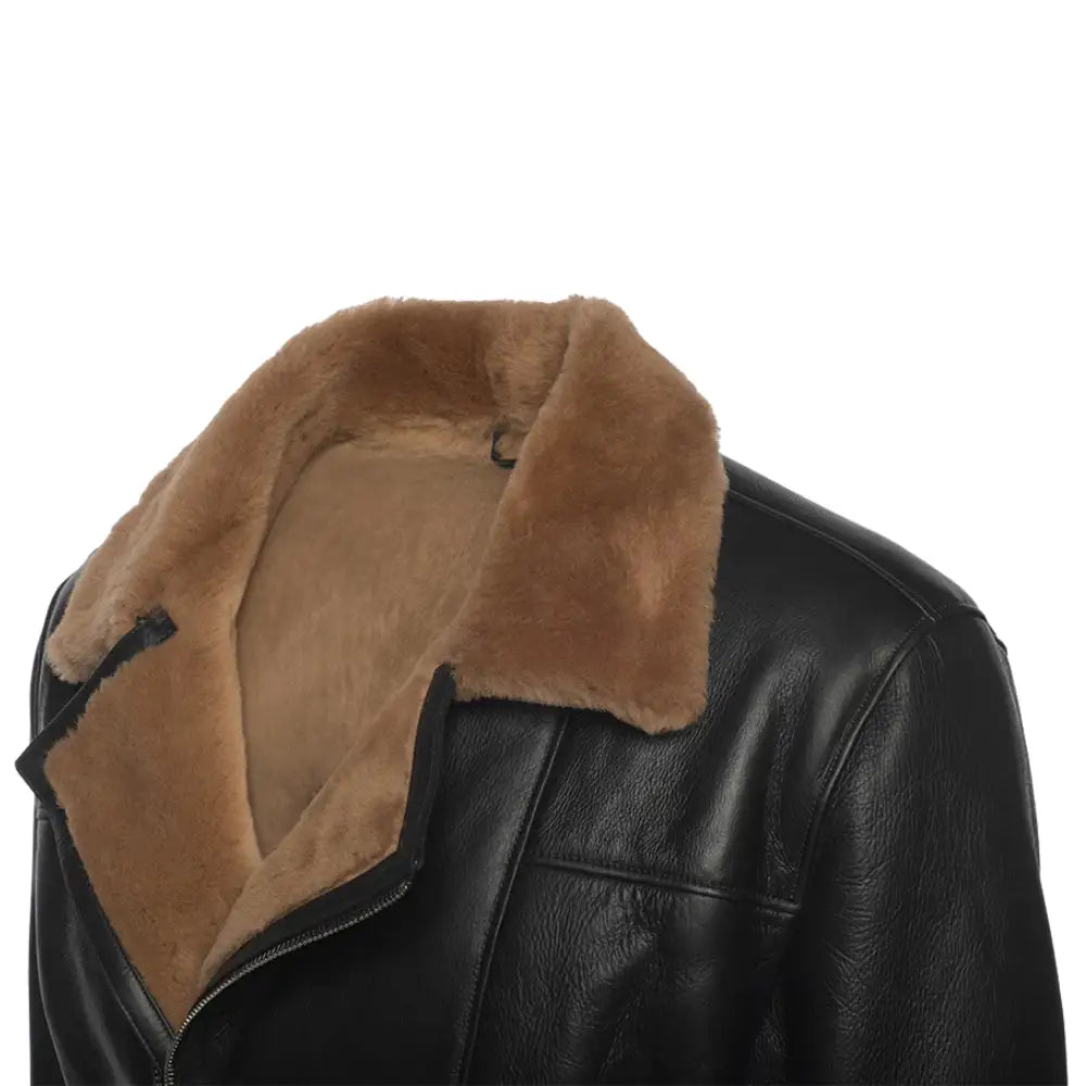 Side view of the Carters ginger brown biker shearling jacket, featuring a sleek silhouette and soft shearling collar.