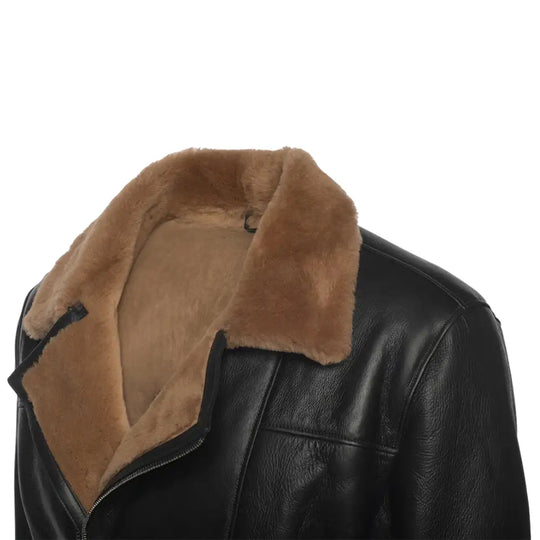 Side view of the Carters ginger brown biker shearling jacket, featuring a sleek silhouette and soft shearling collar.