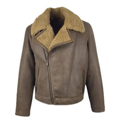 Front view of Carter's Brown Shearling Leather Biker Jacket with classic zipper closure