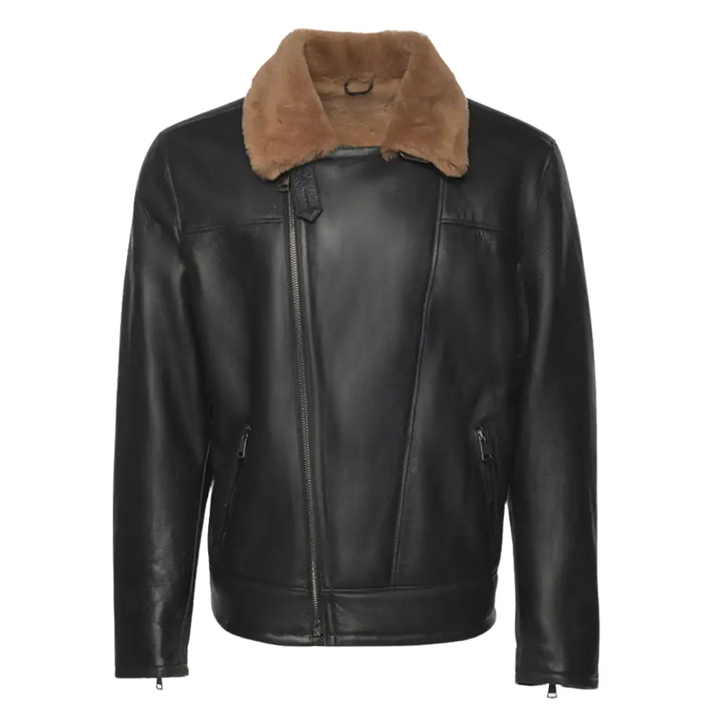 Close-up of the front closure of the Carters ginger brown biker shearling jacket, highlighting the shearling-lined lapels.