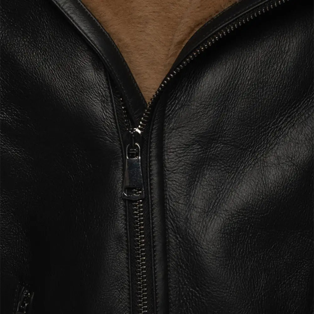 Close up of the Zipper of the Carters Ginger Brown Shearling Leather Biker Jacket