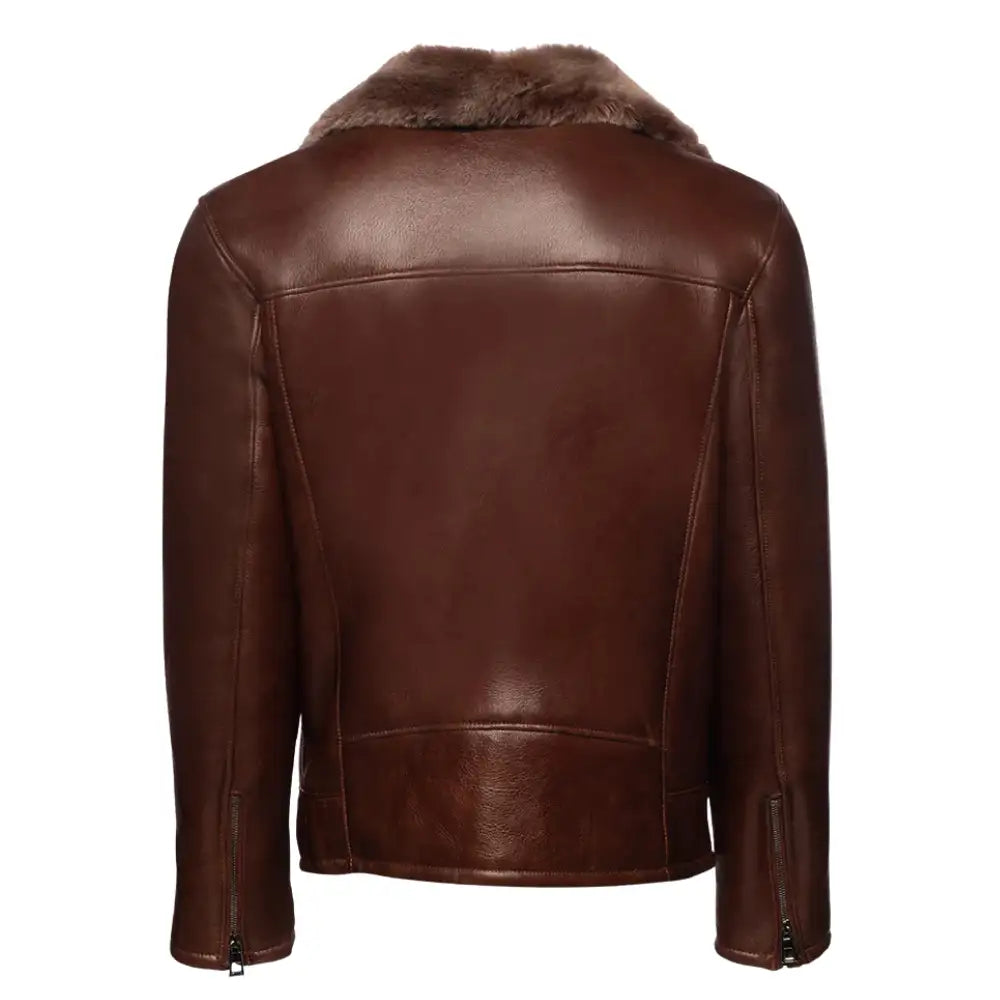Back view of Carters Mateo brown leather biker jacket with shearling