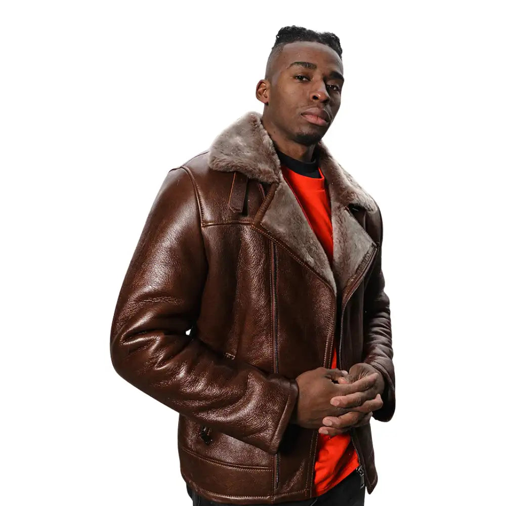 Model wearing Carters Mateo brown leather biker jacket with shearling