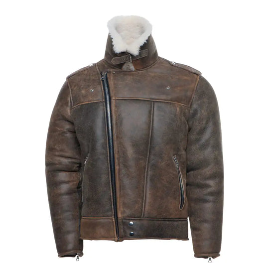 Carter's Distressed Leather Biker Bomber Jacket front angle black distressed leather bomber jacket