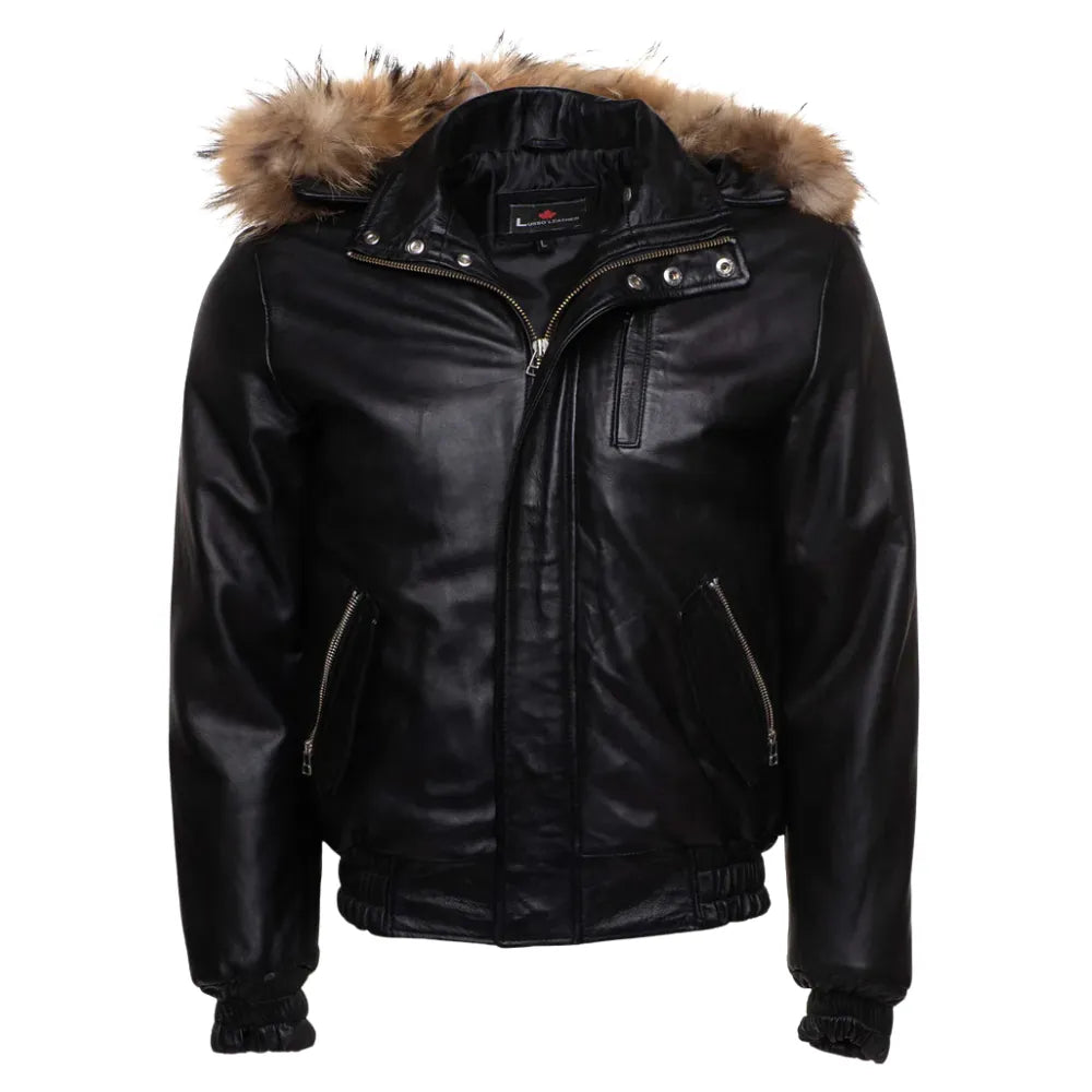 Castillos Bomber Winter Leather Jacket with Real Fox Fur Hoodie front view leather bomber jacket with fox fur hood