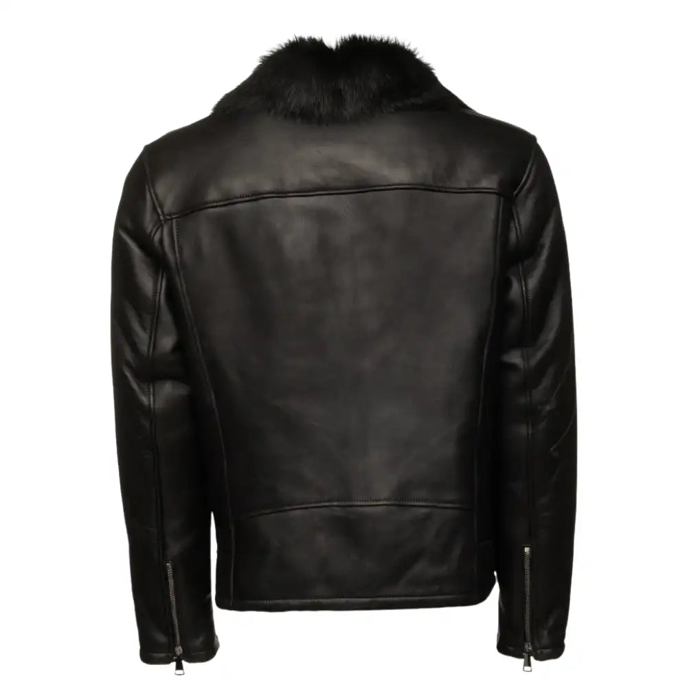 Back view of Cater's Toscana Shearling Leather Biker Jacket highlighting smooth leather panels
