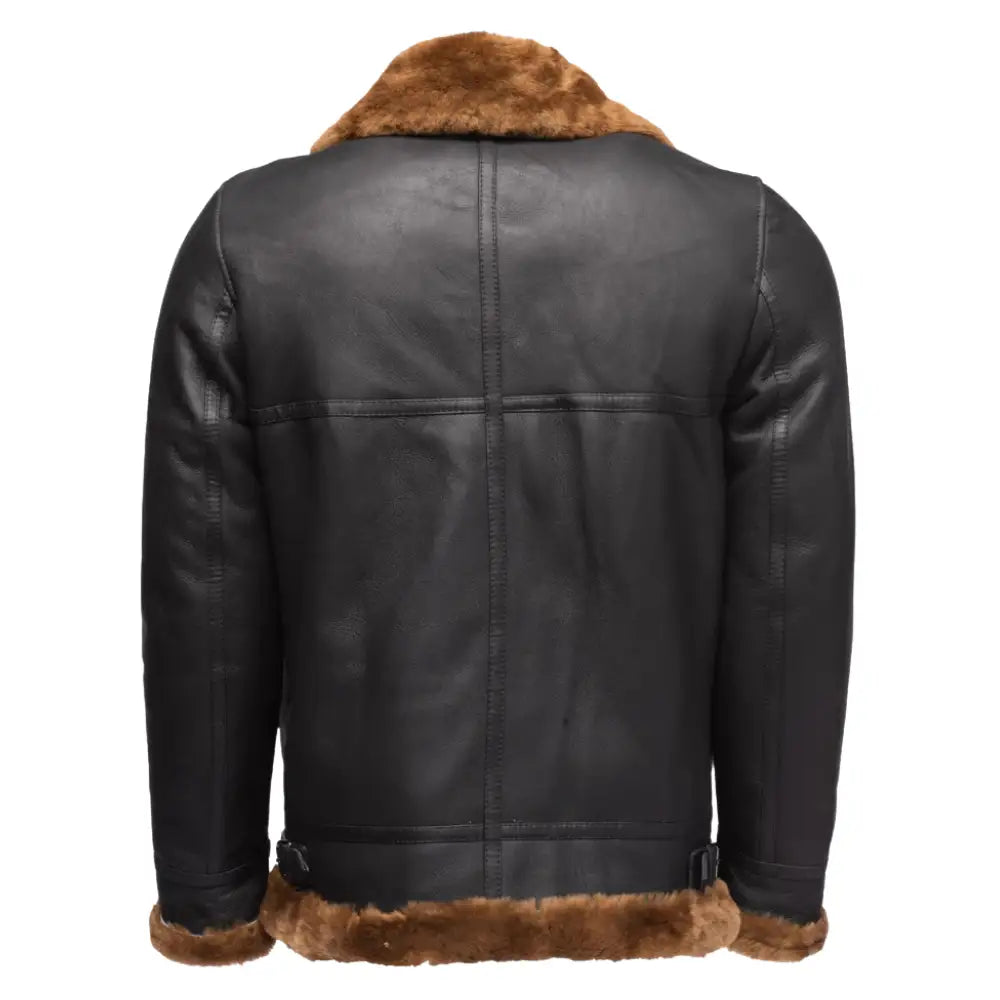 Detailed view of the Classic Ginger Brown B3 Bomber Aviator Shearling Jacket with turned-back shearling cuffs and stylish leather design.