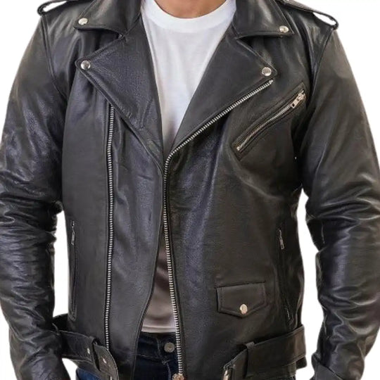 A close up of the model wearing the armored leather motorcycle jacket, demonstrating the structured, protective fit and classic cafe racer aesthetic.