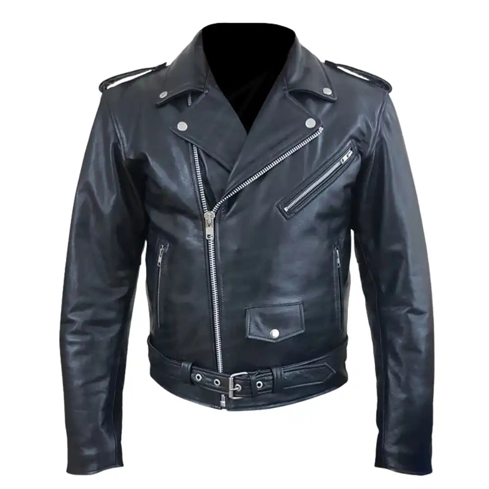 Full front view of a classic black leather motorcycle jacket featuring an asymmetrical zipper, notched lapels, and hidden internal armor.