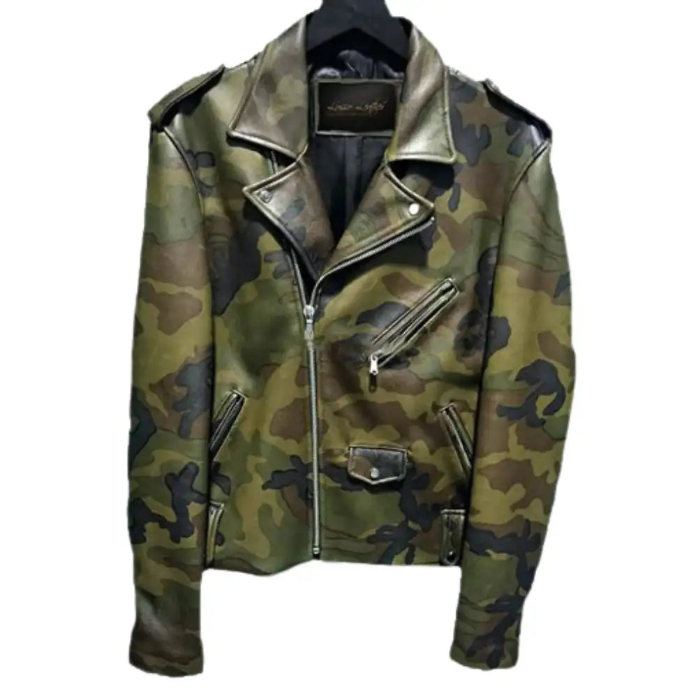 Front view of the classic military printed camouflage leather biker jacket, featuring a bold camouflage pattern and biker-style detailing.