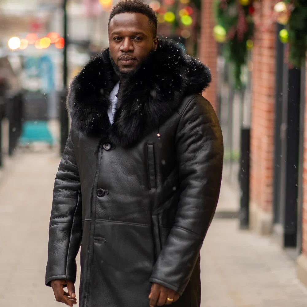 Model wearing Cody's Shearling Trench Coat with Fox Fur Trims luxury winter outfit