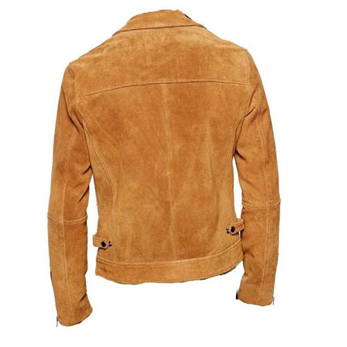 Rear view of collared Brown suede jacket on a white background