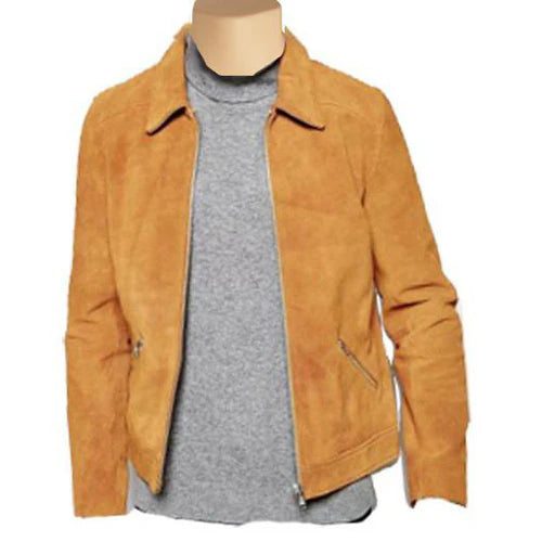Front view of Collared brown suede leather jacket on a mannequin with a white background.