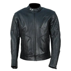 Full front view of Connor's Speedster cafe racer jacket in premium black leather, featuring a central zipper and intricate quilted stitching on the shoulders.