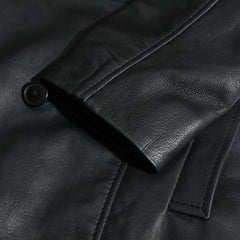 Close-up of a black leather coat sleeves with a button