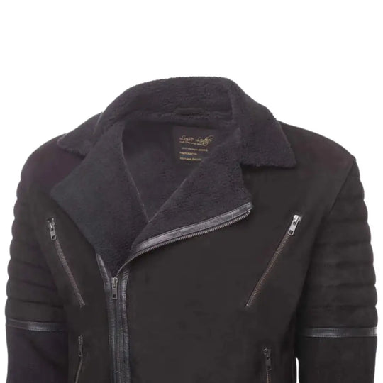 Close-up of David Black suede  leather jacket with a textured collar on a white background