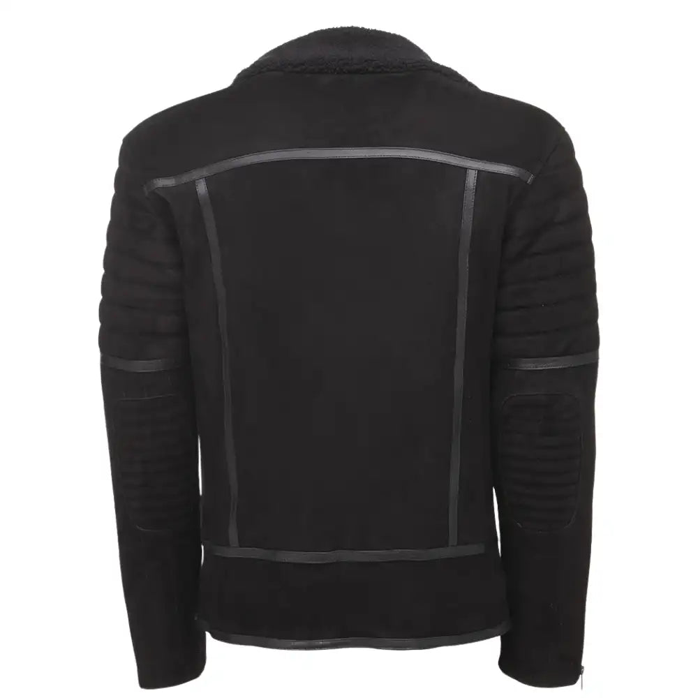 Rear view of David Black suede biker leather jacket on a white background