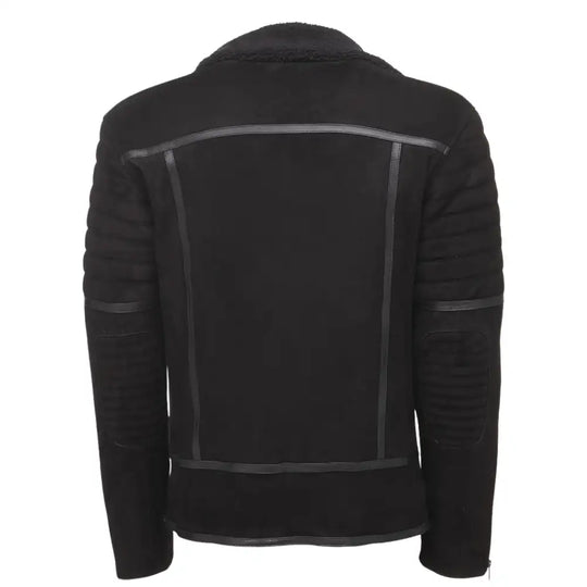 Rear view of David Black suede biker leather jacket on a white background