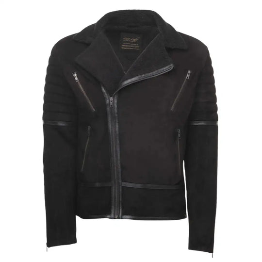 Front view of David Black suede biker leather jacket on a white background