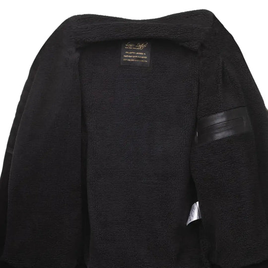 Interior view showcasing Sherpa interior of David Black suede biker leather jacket on a white background