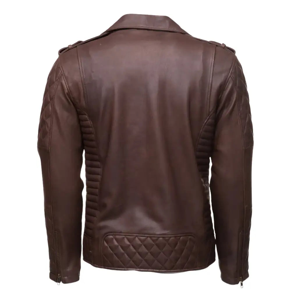 Back profile of stylish diamond stitched brown quilted leather biker jacket