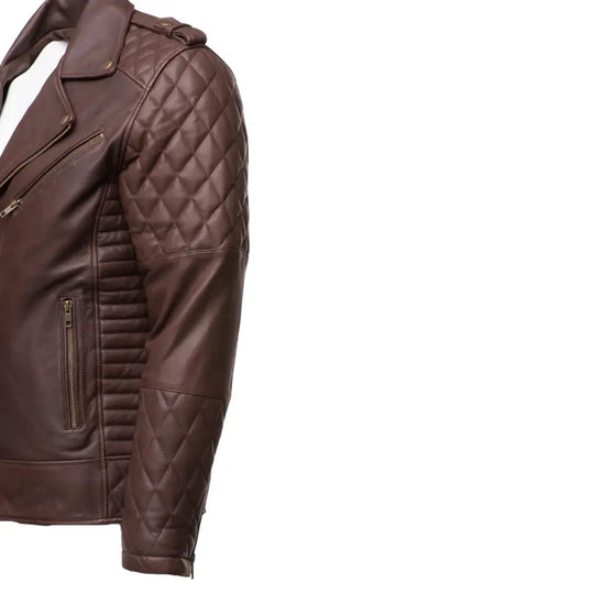 Side profile of diamond stitched brown quilted leather biker jacket with detailing