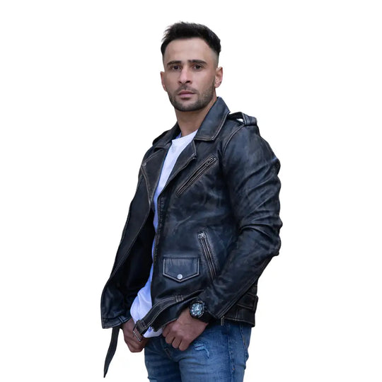 Model wearing the distressed belted leather biker jacket, styled with casual clothing for a bold, biker-inspired appearance.