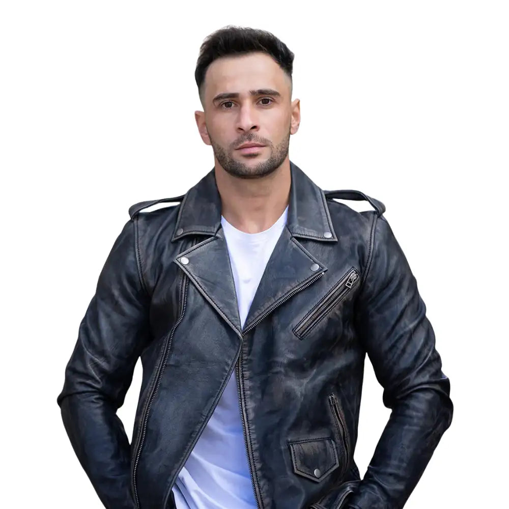 Model wearing the distressed belted leather biker jacket, styled with casual clothing for a bold, biker-inspired appearance.