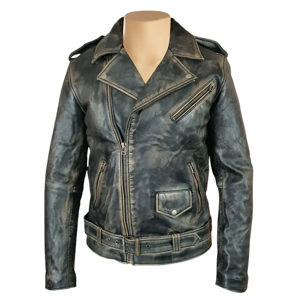 Front view of the distressed belted leather biker jacket, featuring a worn-in leather finish and a stylish belt for a tailored look.