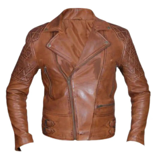 Front profile of premium distressed sandwash leather biker jacket