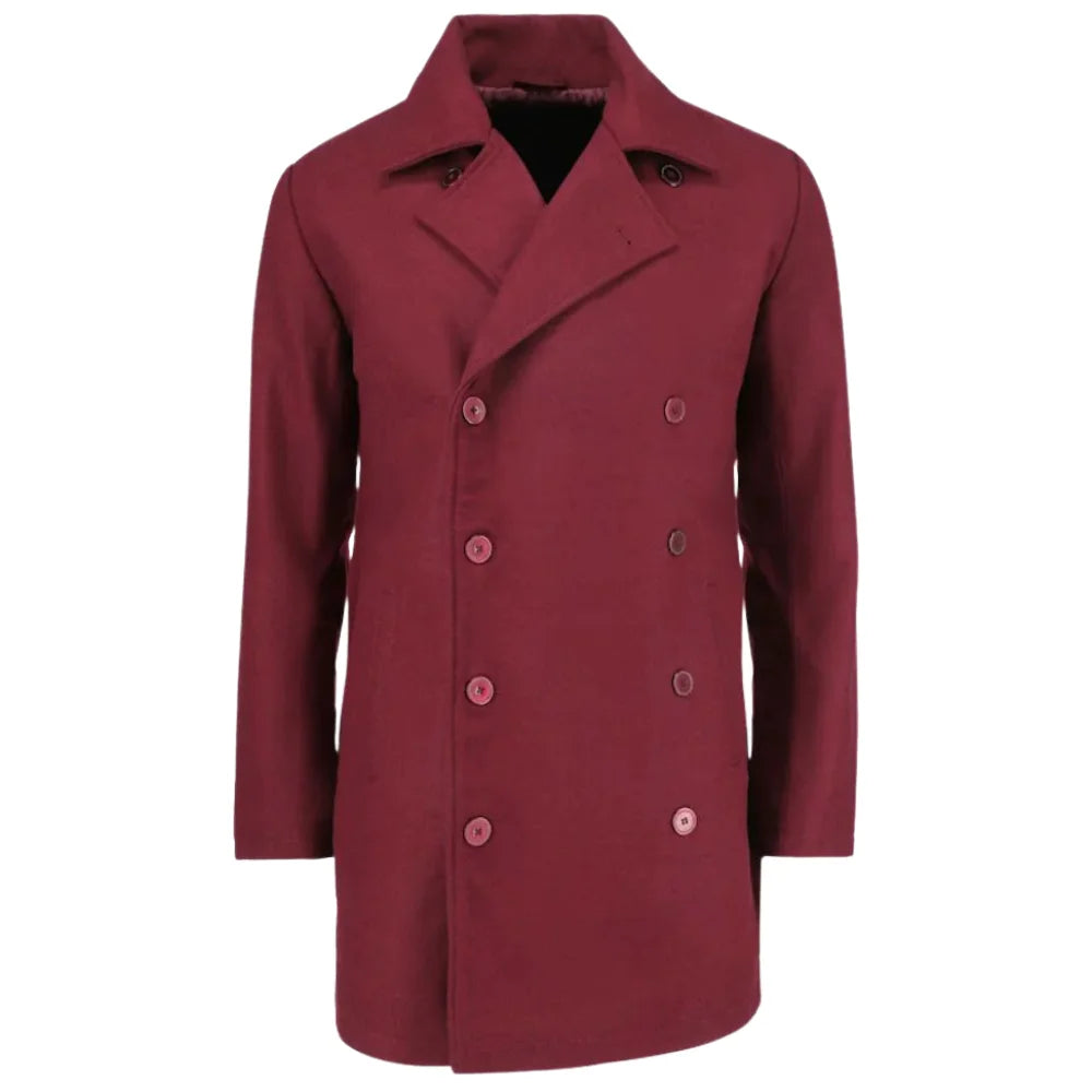 Front view of the Dorian Burgundy Wool Overcoat for men with notch lapels and a three-button closure on a white background.