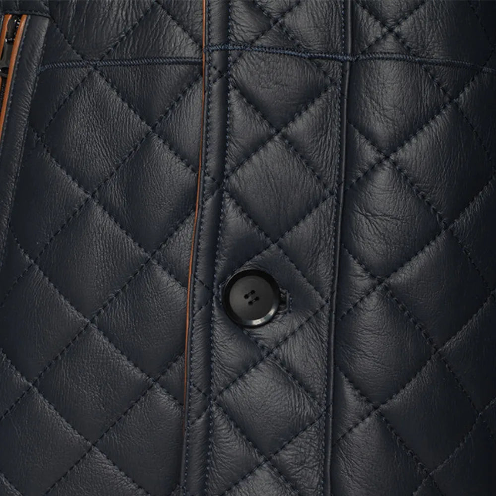 Drew Navy Quilted Sheepskin Shearling Coat button closure detail