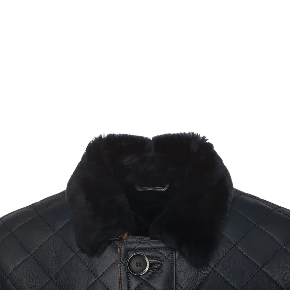 Drew Navy Quilted Sheepskin Shearling Coat close up shearling collar detail