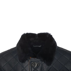 Drew Navy Quilted Sheepskin Shearling Coat close up shearling collar detail