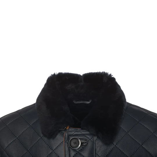 Drew Navy Quilted Sheepskin Shearling Coat close up shearling collar detail
