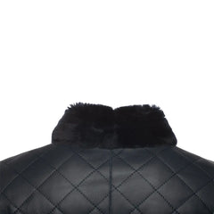 Drew Navy Quilted Sheepskin Shearling Coat collar stitching detail close up