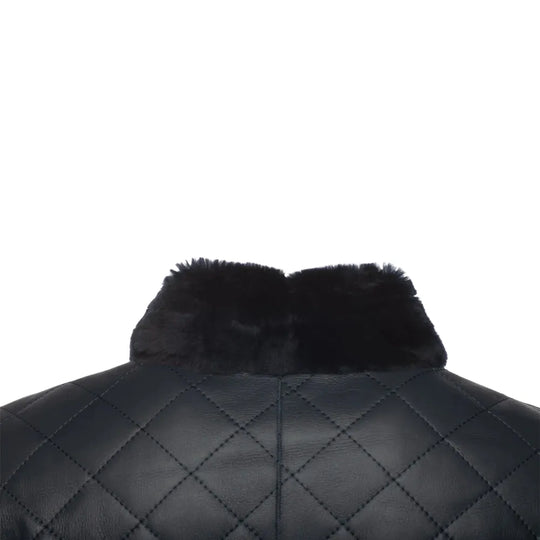 Drew Navy Quilted Sheepskin Shearling Coat collar stitching detail close up