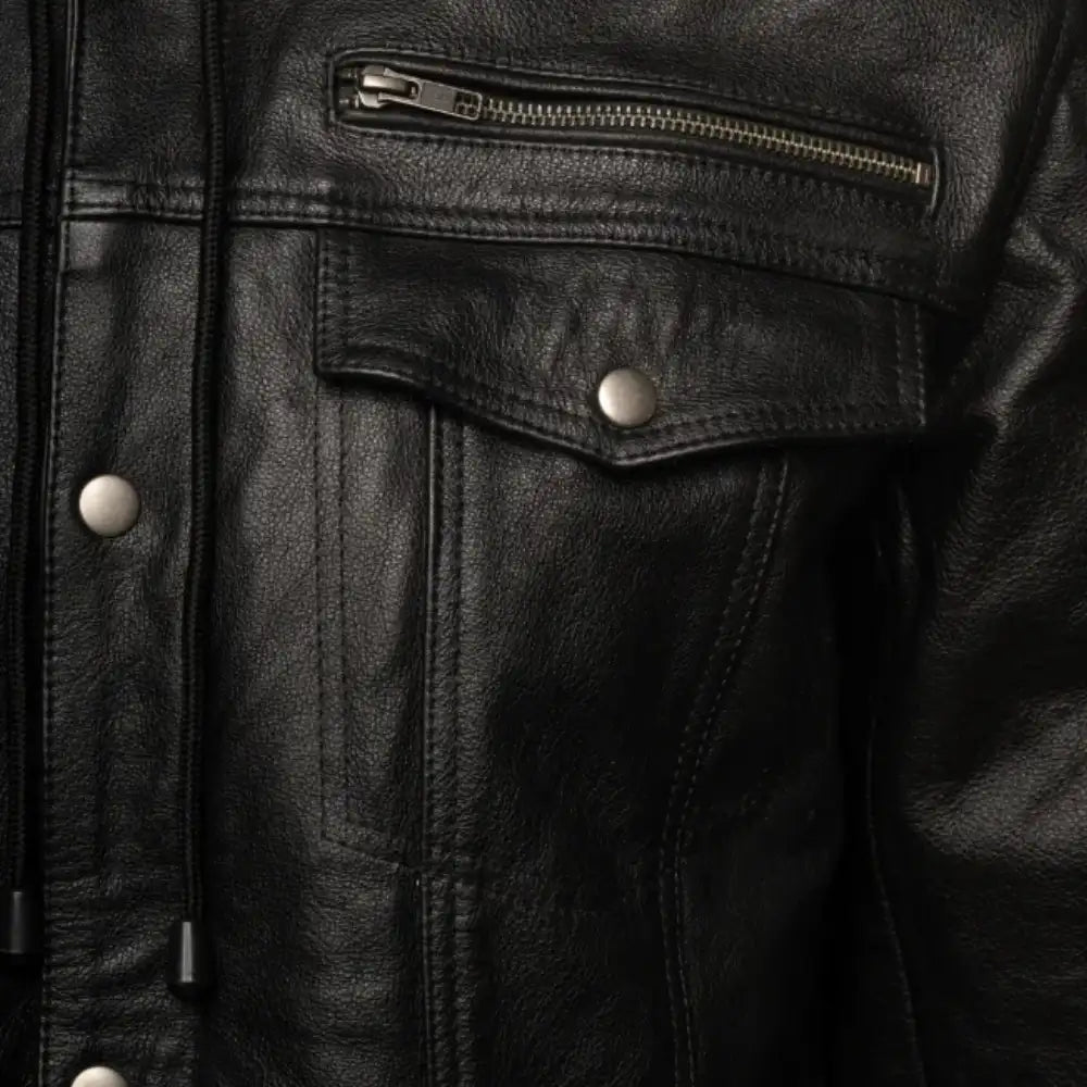 Close-up of the neckline where the soft fabric hood meets the premium black leather collar, highlighting the "2-in-1" lifestyle aesthetic.